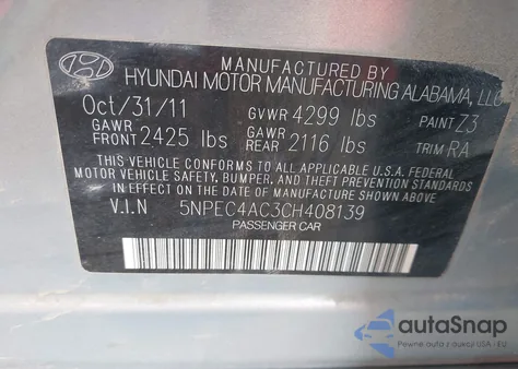 2012 Hyundai Sonata Limited z USA, uszkodzony, nr VIN 5NPEC4AC3CH408139